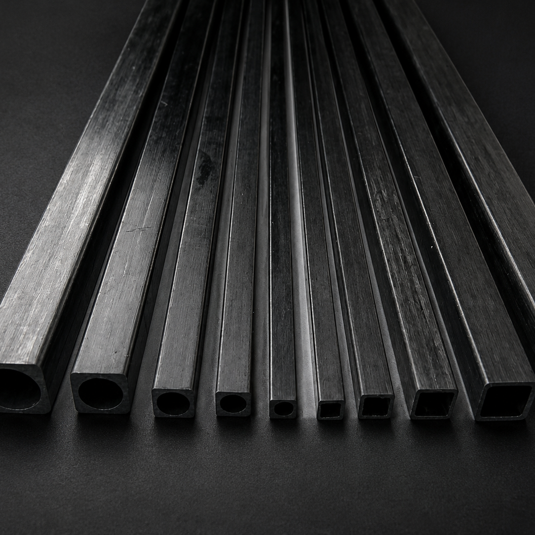 100% Carbon Fiber Square Tube – Outer Square / Inner Round, Multiple Sizes Available, 500mm Length for Drone & UAV Applications